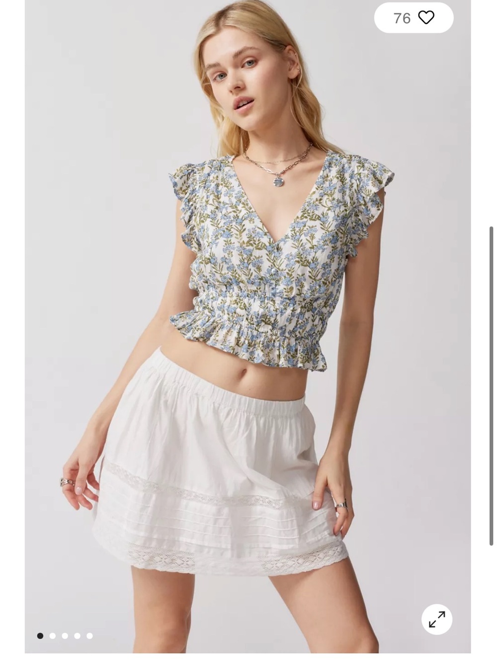 Urban Outfitters Mink Pink Blue & Cream Floral Smocked V-Neck Crop Top